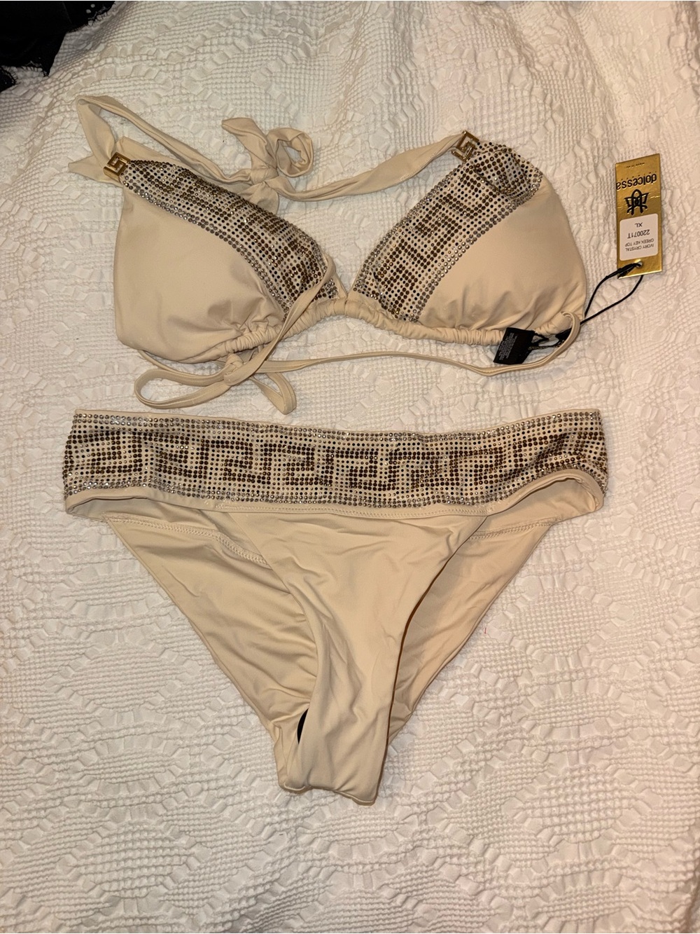 Beaded Trim Cream Bikini Set